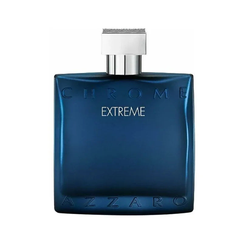 Azzaro Chrome Extreme blue perfume bottle with silver cap, featured at Perfumetics.pk