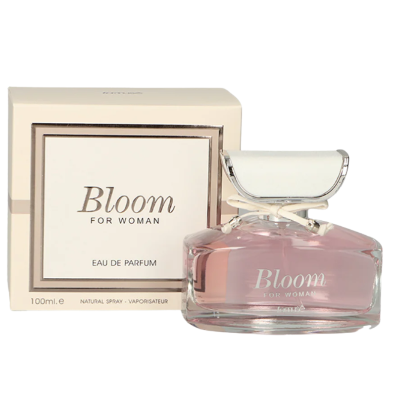 Bloom for Woman Eau de Parfum 100ml by L'Amuse, pink perfume bottle and box, Perfumetics
