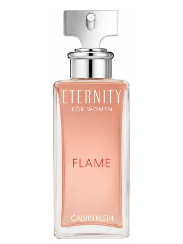 Calvin Klein Eternity Flame for Women perfume bottle with rose-gold liquid on white background
