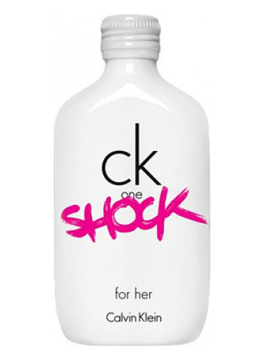 CK One Shock for Her perfume bottle by Calvin Klein, white bottle with pink lettering, Perfumetics