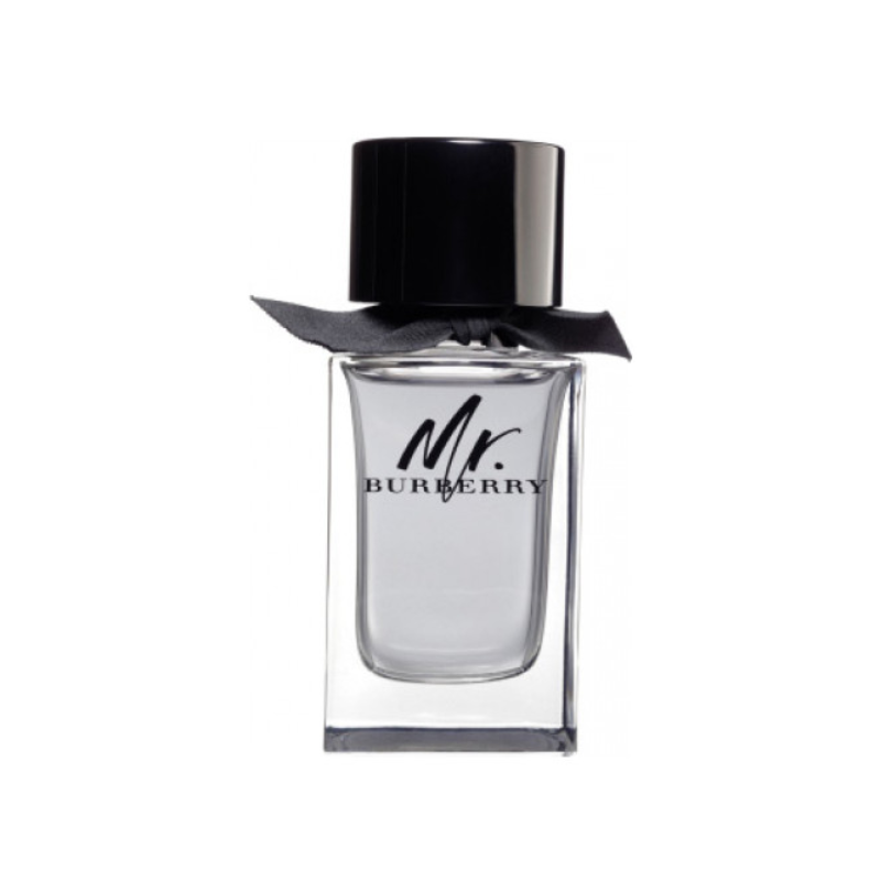 Clear glass bottle of Mr. Burberry perfume with black cap, featured on Perfumetics.pk