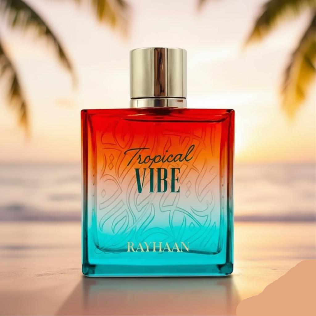 Perfume bottle labeled 'Tropical Vibe' by Rayhaan with a sunset and palm trees in the background.
